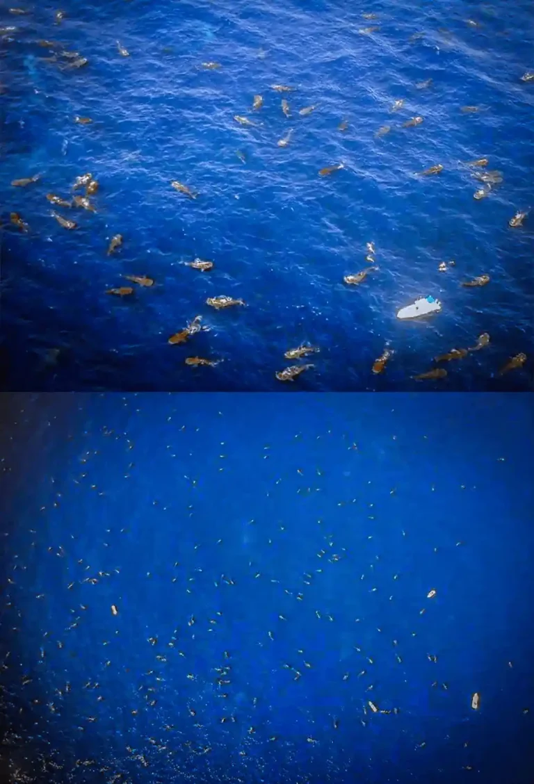 An aerial view of a large shiver of sharks