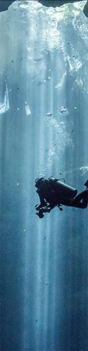 Cenote descent A diver descends into a cenote