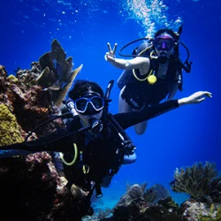 A diver gives her friend bunny ears under the water on the PADI Discover Scuba Diving Course
